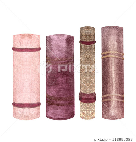 Pink and gold hardcover books' spines watercolor set isolated on white. Hand painted high quality thick book illustration perfect for library, bookstore, school, learning, labels, logo decor design 118993085