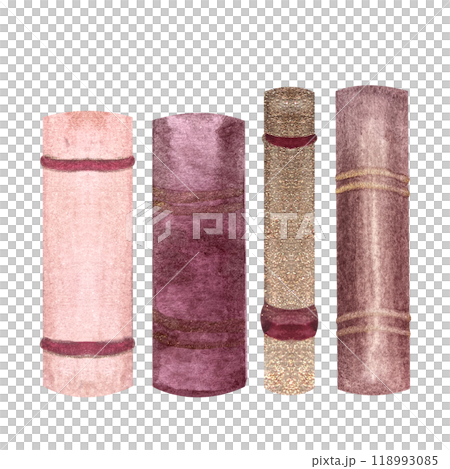 Pink and gold hardcover books' spines watercolor set isolated on white. Hand painted high quality thick book illustration perfect for library, bookstore, school, learning, labels, logo decor design Pink and gold hardcover books' spines watercolor set isolated on white. Hand painted high quality thick book illustration perfect for library, bookstore, school, learning, labels, logo decor design 118993085