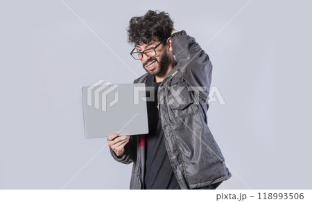 Young man with hand on head showing poster, man showing blank signboard isolated, guy showing signboard with blank space Young man with hand on head showing poster, man showing blank signboard isolated, guy showing signboard with blank space 118993506