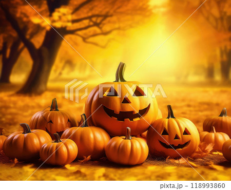 ハロウィン、黄色いカボチャと風景 118993860