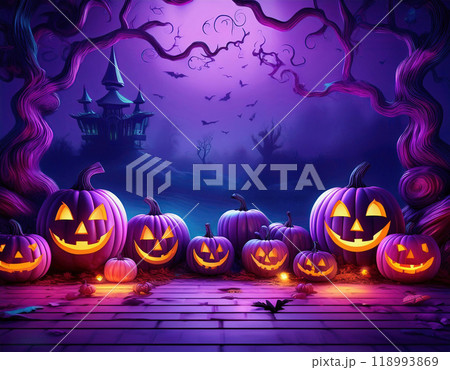 ハロウィン、紫のカボチャと風景 ハロウィン、紫のカボチャと風景 118993869