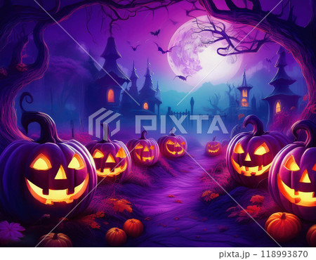 ハロウィン、紫のカボチャと風景 ハロウィン、紫のカボチャと風景 118993870