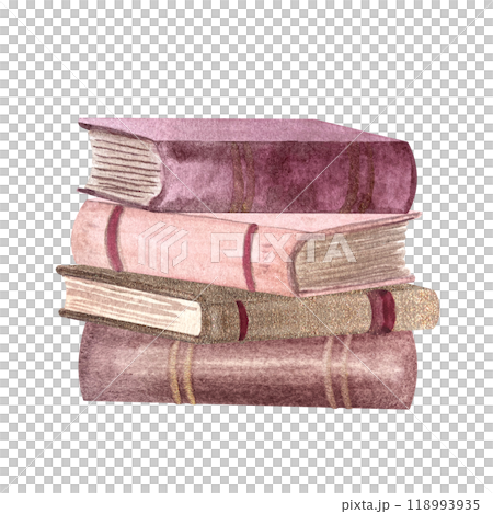 Pile of pink and gold hardcover old books watercolor illustration isolated on white. Hand painted thick books perfect for stationary, bookstore, reading theme, book club labels, logo decor 118993935