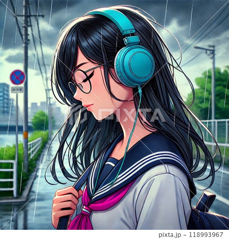 音楽を聴く女子学生「AI生成画像」 音楽を聴く女子学生「AI生成画像」 118993967