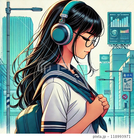 ビルの並ぶ都会の街角で音楽を聴く女子学生「AI生成画像」 118993971