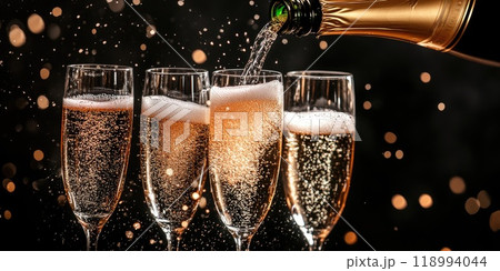 Elegant celebration scene with champagne pouring into glasses, perfect for festive occasions and parties 118994044