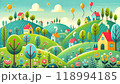 ポップなスタイルの自然と家々の風景 118994185