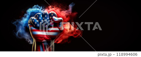 Close-up of a Hand Closed in a Fist Painted with the Colors of The USA Flag - Generative Ai 118994606