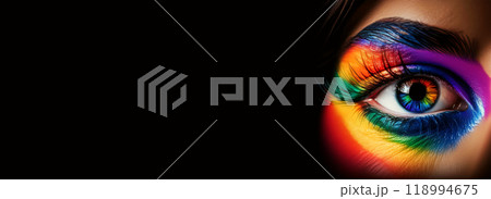 Close-up of the Eye of Young Woman with the Rainbow Colors on Black Background - Generative Ai 118994675
