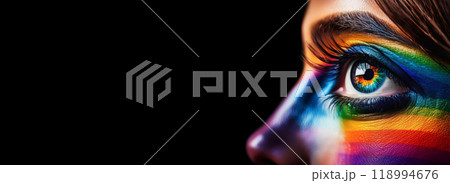 Close-up of the Eye of Young Woman with the Rainbow Colors on Black Background - Generative Ai 118994676