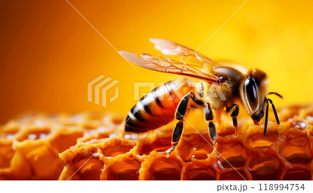 Closeup of a Bee on a Dripping Honeycomb on Vibrant Yellow-Orange Background - Generative Ai Closeup of a Bee on a Dripping Honeycomb on Vibrant Yellow-Orange Background - Generative Ai 118994754