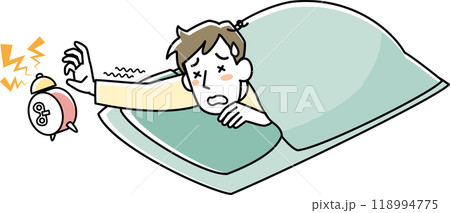目覚しを止めようとする布団の中の眠そうな男性 目覚しを止めようとする布団の中の眠そうな男性 118994775