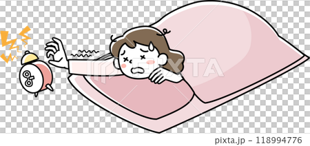 目覚しを止めようとする布団の中の眠そうな女性 目覚しを止めようとする布団の中の眠そうな女性 118994776