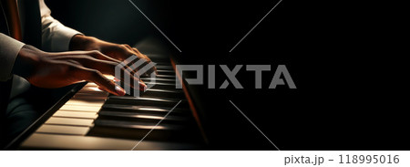 Hands of an African-American Pianist Playing a Piano Keyboard - Generative Ai 118995016