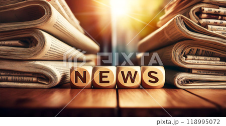 Newspapers and the Word NEWS in Wooden Block Puzzle Dice - Generative Ai 118995072