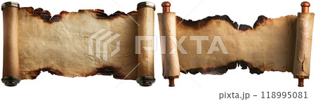 Old Empty Vintage Parchment Paper Roll With Burnt Edges Isolated on White - Generative Ai 118995081
