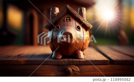 Old Wooden Piggy Bank in the Shape of a House on a Wooden Table - Generative Ai 118995082
