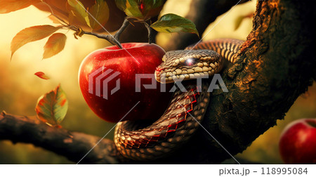 Original Sin and the Forbidden Fruit Concept - Snake and Apple - Generative Ai 118995084