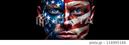 Portrait of American Man with Painted Face with USA Flag - Generative Ai 118995188