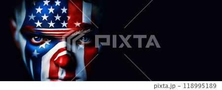 Portrait of American Man with Painted Face with USA Flag - Generative Ai 118995189