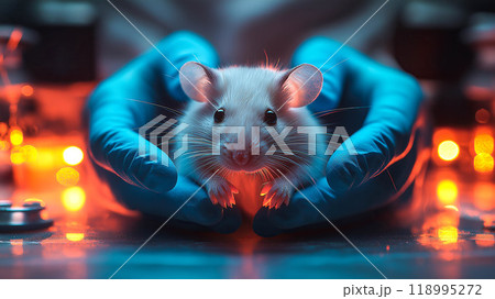 Hands of scientist gently holds a mouse for an experiment in a laboratory. The concept of on scientific research, animal testing, and advancements in medical studies. Generative AI. 118995272
