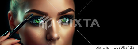 Young Beautiful Woman with Green Eyes Applying Black Eyeliner - Generative Ai Young Beautiful Woman with Green Eyes Applying Black Eyeliner - Generative Ai 118995425