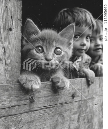 This enchanting photo captures a young boy and an adorable kitten peering through a gap in a wooden wall. Generative AI	 118995660