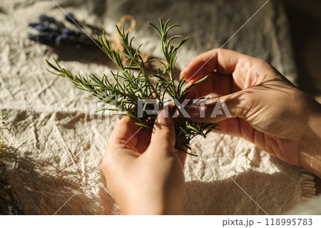 First person view of female hand uses natural twine to tie rosemary sprigs. Preparing fresh herbs for drying and spice use 118995783