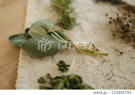 Macro photo of sage leaves on a linen tablecloth. Herbs preparation. Autumn mood Macro photo of sage leaves on a linen tablecloth. Herbs preparation. Autumn mood 118995791