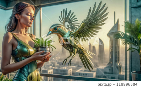 close-up of a robot bird on a girl's hand. ecology and environmental protection concept 118996384