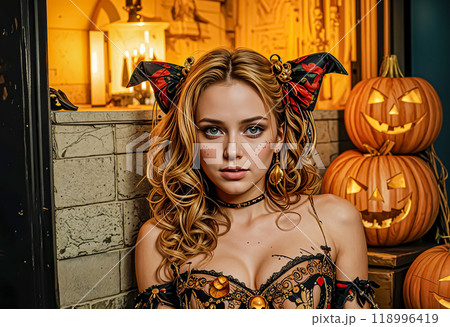 Halloween. Sexy portrait of a witch. Beautiful young sexy witch 118996419