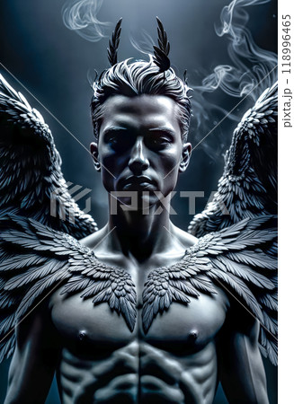 Portrait of a beautiful attractive black fallen angel on a dark background 118996465