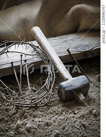 Rusty nails and a wreath of thorns at the cross Rusty nails and a wreath of thorns at the cross 118996547