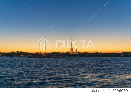view of the Peter and Paul Cathedral in St. Petersburg during the White Nights 118996679