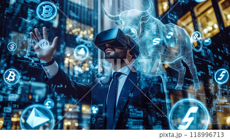 A businessman wears VR glasses while analyzing a financial stock graph, symbolizing a bullish market. The concept of innovation in financial analysis. Generative AI. A businessman wears VR glasses while analyzing a financial stock graph, symbolizing a bullish market. The concept of innovation in financial analysis. Generative AI. 118996713