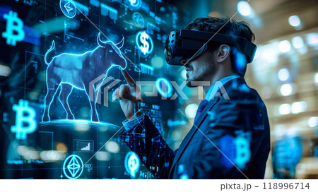 A businessman wears VR glasses while analyzing a financial stock graph, symbolizing a bullish market. The concept of innovation in financial analysis. Generative AI. A businessman wears VR glasses while analyzing a financial stock graph, symbolizing a bullish market. The concept of innovation in financial analysis. Generative AI. 118996714