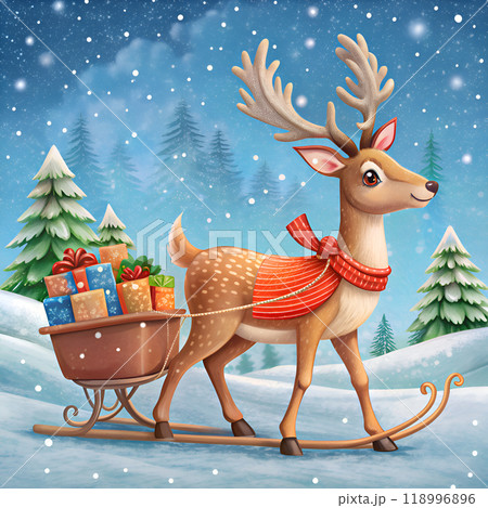 Reindeer pulling a sleigh with Christmas presents Reindeer pulling a sleigh with Christmas presents 118996896
