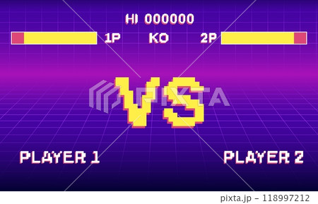 Fight retro game interface in blue style with yellow vs icon in pixel. 118997212