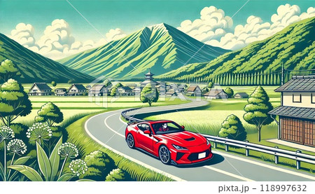 夏の田舎道を走るスポーツカー 夏の田舎道を走るスポーツカー 118997632