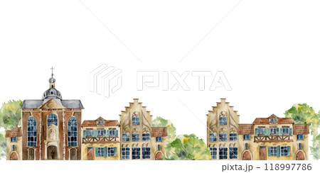 Old European city town street houses church, urban facades, trees. Historical cityscape building. Watercolor hand drawn seamless banner. For tourist shops, souvenirs, travel brochures, real estate Old European city town street houses church, urban facades, trees. Historical cityscape building. Watercolor hand drawn seamless banner. For tourist shops, souvenirs, travel brochures, real estate 118997786
