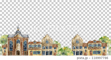Old European city town street houses church, urban facades, trees. Historical cityscape building. Watercolor hand drawn seamless banner. For tourist shops, souvenirs, travel brochures, real estate Old European city town street houses church, urban facades, trees. Historical cityscape building. Watercolor hand drawn seamless banner. For tourist shops, souvenirs, travel brochures, real estate 118997786