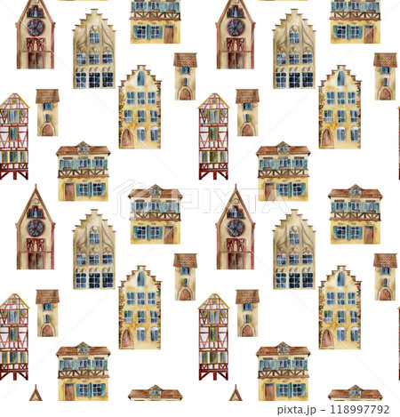 Old European city town street houses, urban exterior facades. Historical cityscape building. Watercolor hand drawn seamless pattern. Tourist shops, souvenirs, travel brochures, architectural bureau Old European city town street houses, urban exterior facades. Historical cityscape building. Watercolor hand drawn seamless pattern. Tourist shops, souvenirs, travel brochures, architectural bureau 118997792
