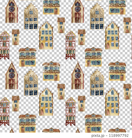Old European city town street houses, urban exterior facades. Historical cityscape building. Watercolor hand drawn seamless pattern. Tourist shops, souvenirs, travel brochures, architectural bureau Old European city town street houses, urban exterior facades. Historical cityscape building. Watercolor hand drawn seamless pattern. Tourist shops, souvenirs, travel brochures, architectural bureau 118997792