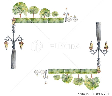 Old European city town street with lamp posts, ornamental lanterns, lined trees green hedge. Watercolor hand drawn border frame. For tourist shops, souvenirs, travel brochures, architectural bureau 118997794