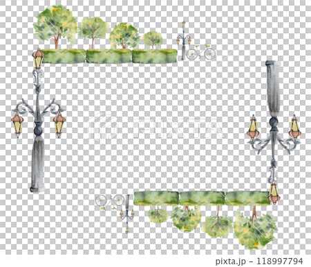 Old European city town street with lamp posts, ornamental lanterns, lined trees green hedge. Watercolor hand drawn border frame. For tourist shops, souvenirs, travel brochures, architectural bureau 118997794
