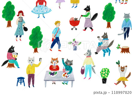 手描きイラスト　人々　休日の公園 118997820