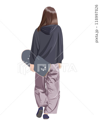 スケボーを抱えるパーカーの女性イラスト 118997826
