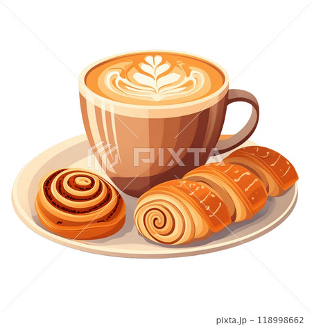 カフェラテとシナモンロールのイラスト1 118998662
