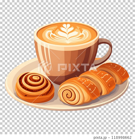 カフェラテとシナモンロールのイラスト1 118998662