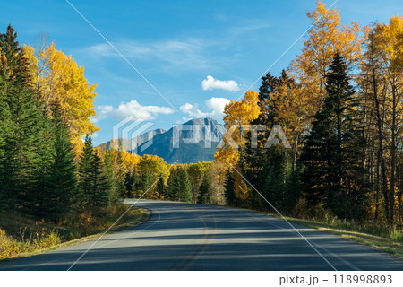 Scenic country mountain road in autumn color forest against blue sky. Bow Valley Parkway ( Highway 1A ), Banff National Park, Alberta, Canada. Canadian Rockies beautiful natural scenery. 118998893